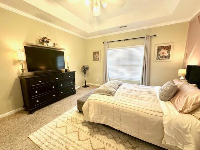 8041 Hamilton Mill Dr, Chattanooga, TN 37421 - carpeted bedroom with a tray ceiling, a ceiling fan, and ornamental molding