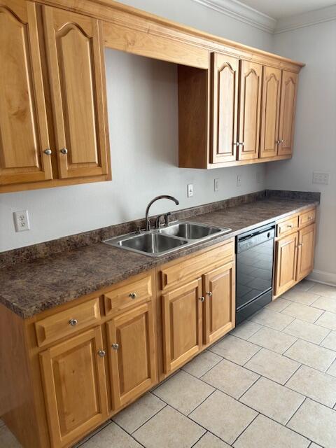 731 Callaway Ct, Chattanooga, TN 37421 - kitchen with dishwasher, dark countertops, crown molding, light tile patterned flooring, and brown cabinets