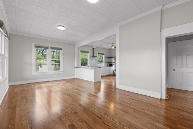 6863 Standifer Gap Rd, Chattanooga, TN 37421 - unfurnished living room featuring wood finished floors, ceiling fan, ornamental molding, and an ornate ceiling