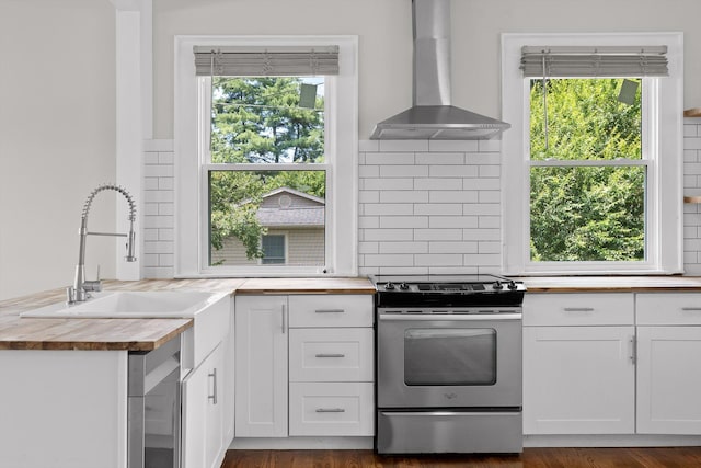 6863 Standifer Gap Rd, Chattanooga, TN 37421 - kitchen featuring stainless steel range with electric stovetop, wooden counters, wall chimney range hood, and tasteful backsplash