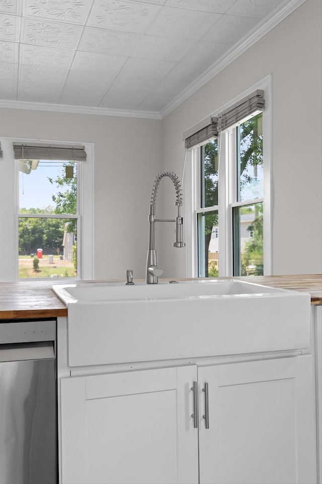 6863 Standifer Gap Rd, Chattanooga, TN 37421 - kitchen featuring stainless steel dishwasher, white cabinets, ornamental molding, an ornate ceiling, and wood counters