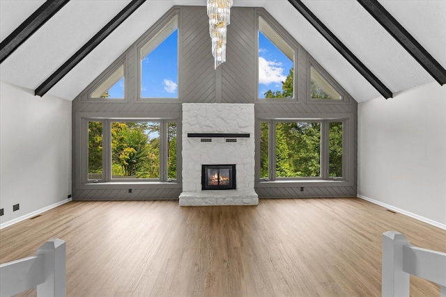 2219 Rocky Face Cir, Dalton, GA 30720 - unfurnished living room featuring high vaulted ceiling, beamed ceiling, a fireplace, and wood finished floors