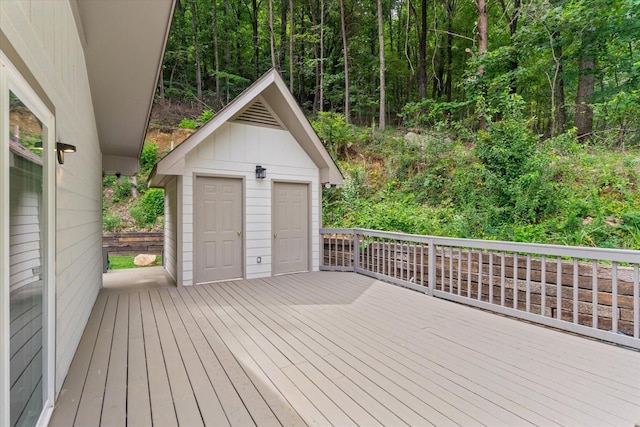 2219 Rocky Face Cir, Dalton, GA 30720 - deck featuring a forest view and a storage shed