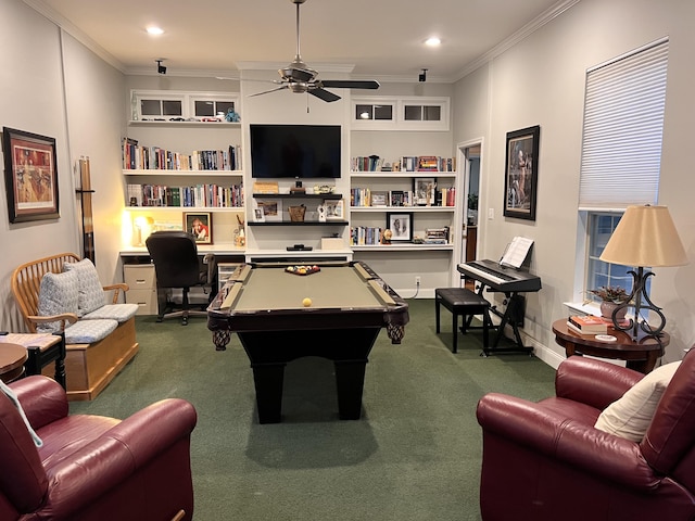 8712 Brow Lake Rd, Soddy Daisy, TN 37379 - game room featuring crown molding, carpet, a ceiling fan, recessed lighting, and billiards