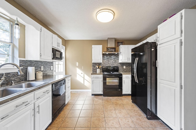 7700 Dune Ln, Hixson, TN 37343 - kitchen featuring black appliances, tasteful backsplash, white cabinetry, light tile patterned floors, and a textured ceiling