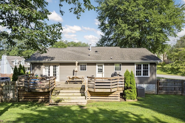 7700 Dune Ln, Hixson, TN 37343 - back of property with a fenced backyard, a deck, and a shingled roof