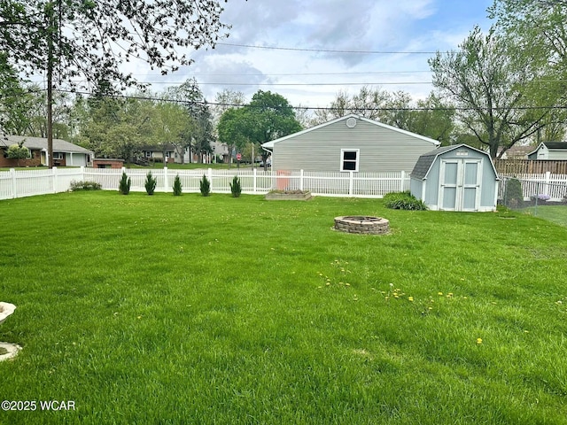 510 Rosewood Ave, Findlay, OH 45840 - view of yard with a fenced backyard, a storage unit, an outbuilding, and a fire pit