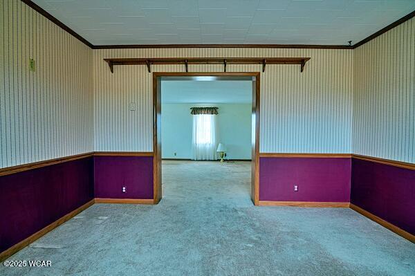 carpeted spare room with crown molding