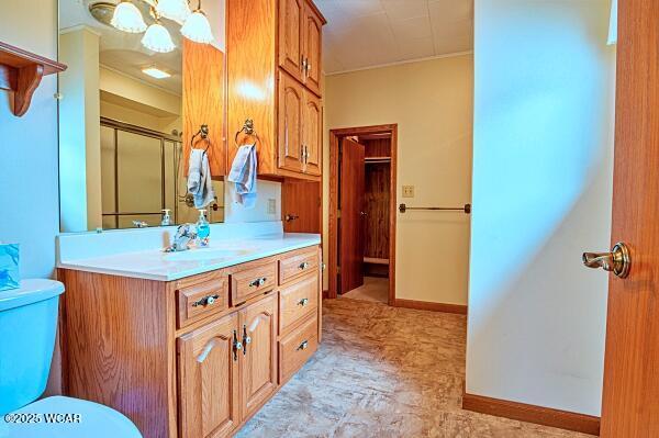 bathroom with vanity, toilet, and a shower with shower door