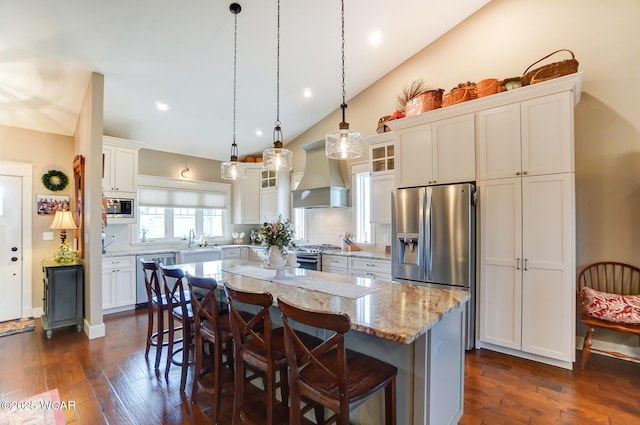 kitchen featuring dark hardwood / wood-style floors, appliances with stainless steel finishes, a kitchen island, and custom range hood