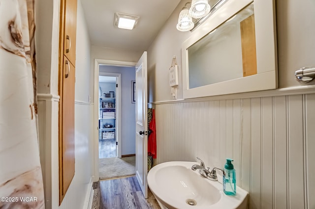 bathroom featuring a wainscoted wall, a sink, and wood finished floors