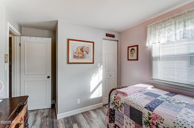 bedroom with a closet, multiple windows, baseboards, and wood finished floors