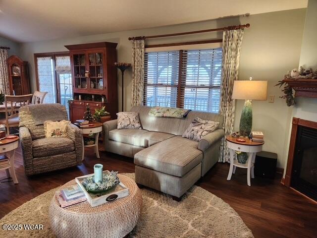 living area featuring wood finished floors and a glass covered fireplace