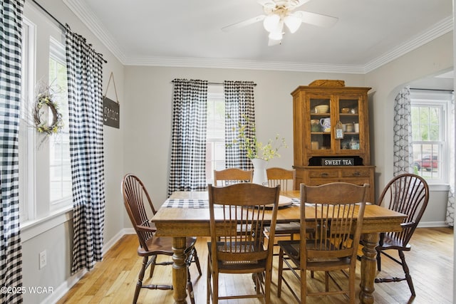 800 S Tyler St, Van Wert, OH 45891 - dining room with light wood finished floors, a ceiling fan, crown molding, and baseboards