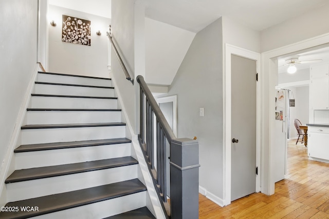 800 S Tyler St, Van Wert, OH 45891 - staircase with hardwood / wood-style floors, ceiling fan, and baseboards