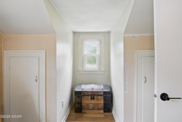 800 S Tyler St, Van Wert, OH 45891 - bathroom with wallpapered walls, baseboards, and wood finished floors