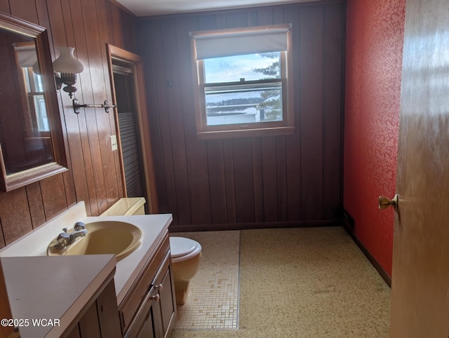 bathroom with toilet, wood walls, and vanity