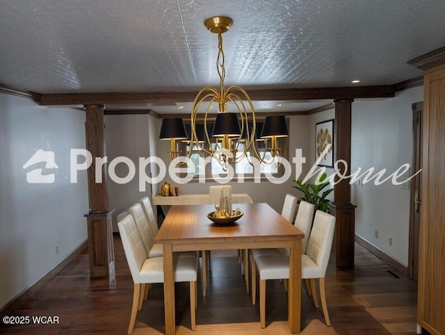 6915 Poling Rd, Lima, OH 45807 - dining area featuring baseboards, wood finished floors, a chandelier, and ornate columns