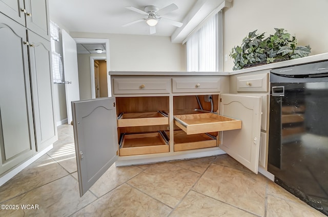 details featuring beverage cooler and ceiling fan