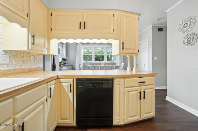 307 N Jefferson St, Van Wert, OH 45891 - kitchen featuring dishwasher, decorative backsplash, dark wood-style flooring, ornamental molding, and a peninsula