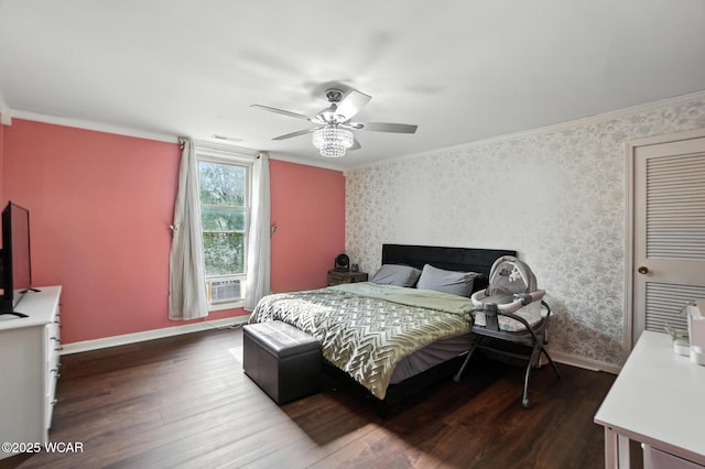 307 N Jefferson St, Van Wert, OH 45891 - bedroom with wood finished floors, crown molding, wallpapered walls, a ceiling fan, and cooling unit