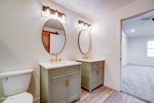 bathroom with toilet, a sink, and two vanities