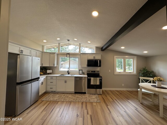 1271 Forest Dr, Lima, OH 45805 - kitchen with appliances with stainless steel finishes, vaulted ceiling, light countertops, light wood-style floors, and plenty of natural light