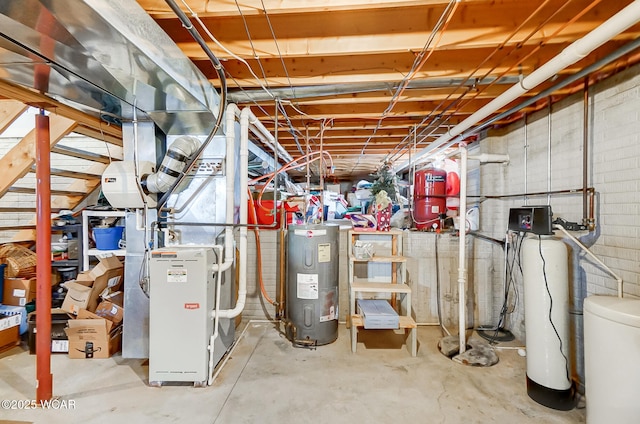 unfinished basement with heating unit and electric water heater