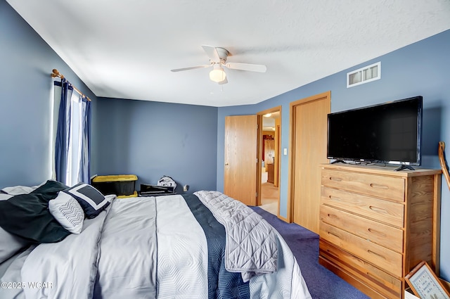 bedroom featuring ceiling fan, visible vents, and carpet