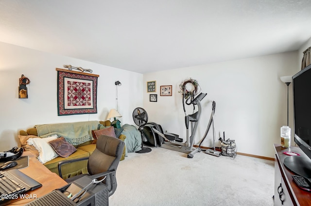 exercise room with baseboards and carpet flooring