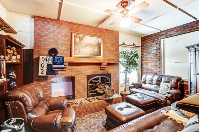 118 Boyd Ave, Van Wert, OH 45891 - living area with a ceiling fan, brick wall, a brick fireplace, and healthy amount of natural light