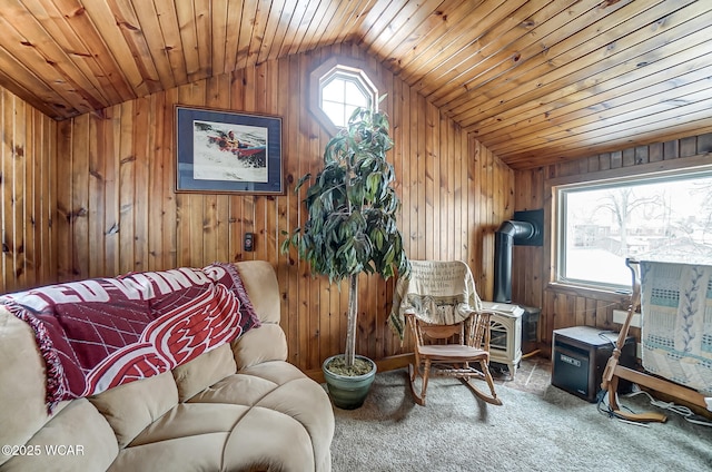 118 Boyd Ave, Van Wert, OH 45891 - sitting room with vaulted ceiling, a wood stove, plenty of natural light, carpet floors, and wooden walls