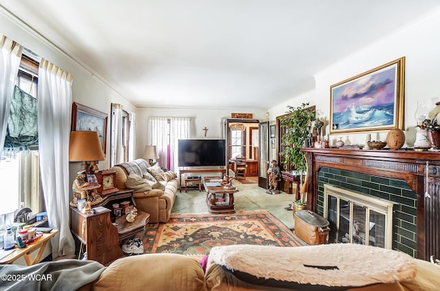 118 Boyd Ave, Van Wert, OH 45891 - carpeted living room with a brick fireplace