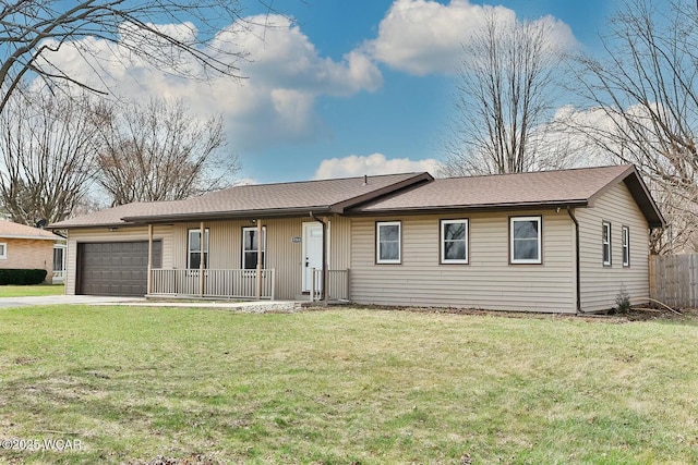 ranch-style home with fence, a garage, a front yard, driveway, and a porch