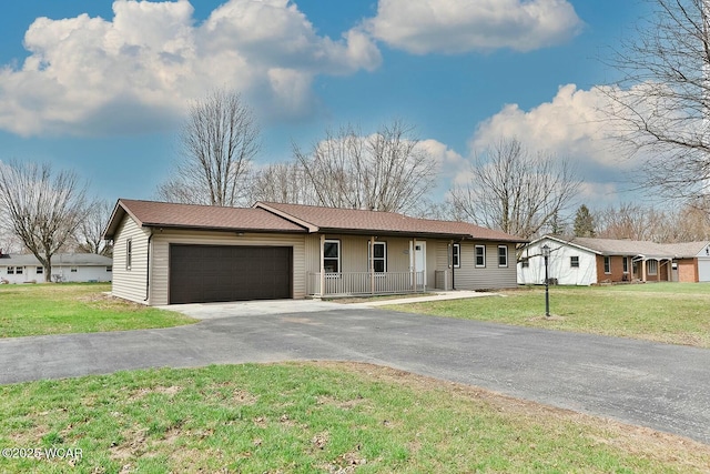 single story home with covered porch, a garage, aphalt driveway, and a front lawn