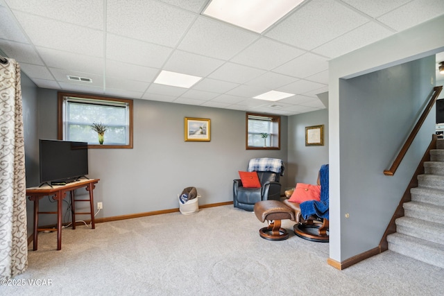2855 State Route 67, Belle Center, OH 43310 - sitting room featuring a paneled ceiling, carpet floors, baseboards, and stairway