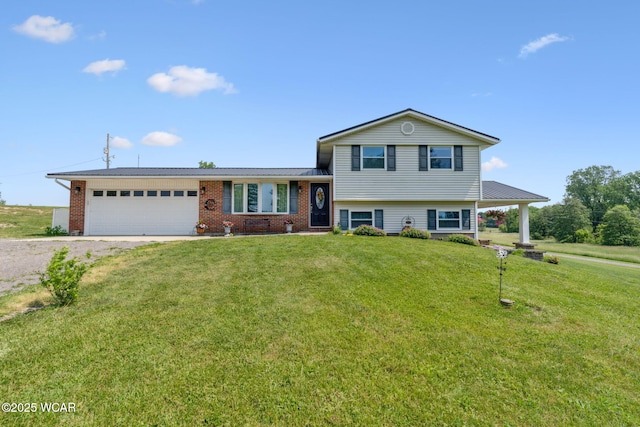 2855 State Route 67, Belle Center, OH 43310 - tri-level home with dirt driveway, an attached garage, a front yard, and brick siding
