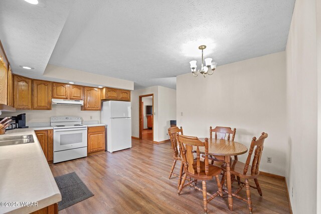 18509 State Highway 67, Upper Sandusky, OH 43351 - kitchen with white appliances, light countertops, a chandelier, range hood, and a textured ceiling