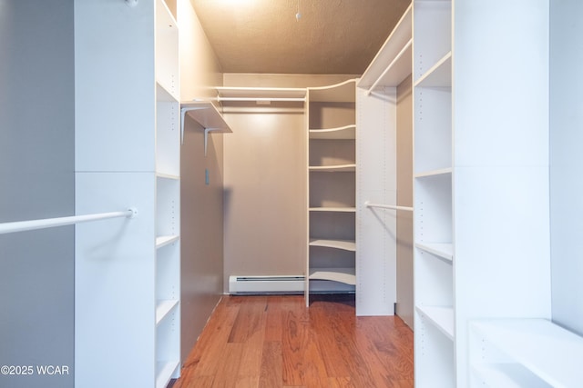 walk in closet with wood finished floors and a baseboard radiator