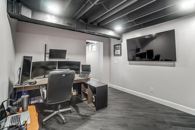 home office featuring dark wood-type flooring