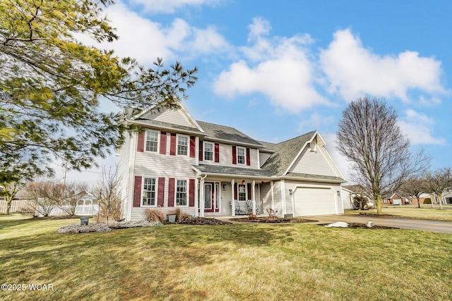 view of front of property featuring a garage, covered porch, and a front lawn