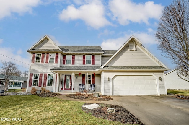 view of front of house featuring a garage, a front lawn, and a porch