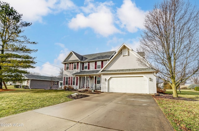 view of front of home with a garage, a porch, and a front lawn