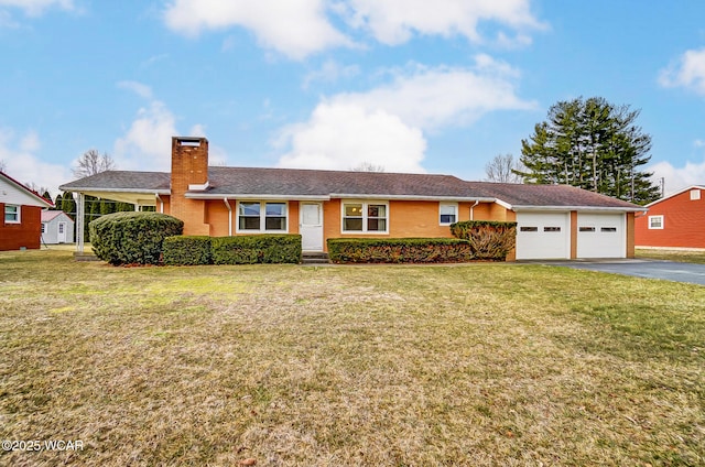 single story home with a front lawn, driveway, an attached garage, brick siding, and a chimney