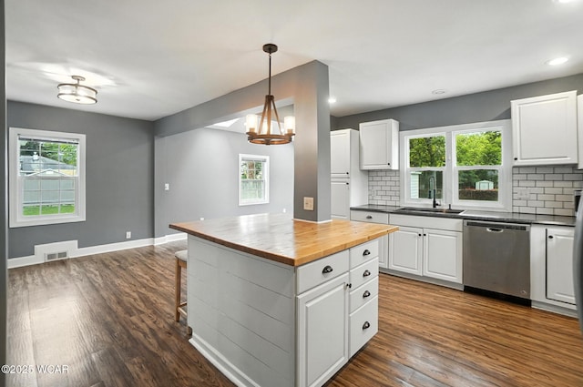 418 S Judkins Ave, Lima, OH 45805 - kitchen with dishwasher, butcher block counters, decorative backsplash, dark wood-style flooring, and white cabinetry