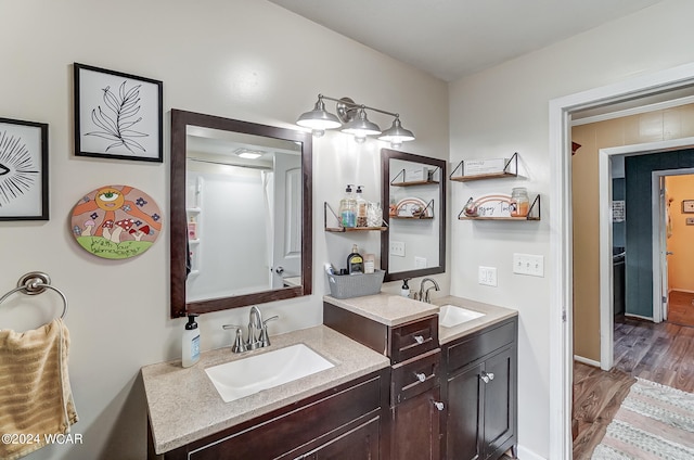 bathroom with vanity and hardwood / wood-style floors