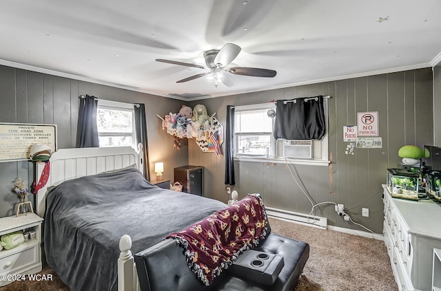 bedroom with a baseboard radiator, ornamental molding, multiple windows, and carpet floors