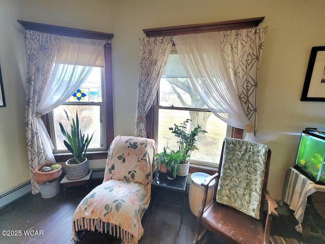 living area featuring a baseboard heating unit, dark wood-style flooring, and plenty of natural light