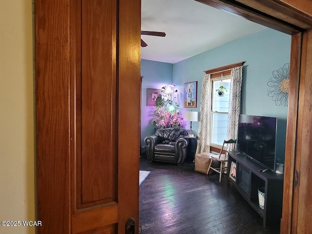 living room featuring ceiling fan and dark wood-type flooring