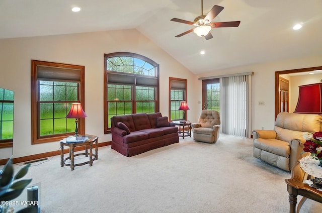 living area with lofted ceiling, carpet, recessed lighting, a ceiling fan, and baseboards